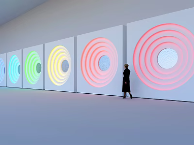 Colorful Concentric Circles Background Wall with Standing Figure in Modern Interior 3d model