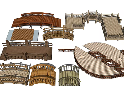 Various Landscape Bridges With Wooden Structures Curved Railings And Circular Platforms 3d model