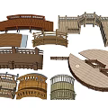 Various Landscape Bridges With Wooden Structures Curved Railings And Circular Platforms