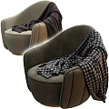 Modern Single Sofa With Curved Back Light Gray Upholstery And Dark Plaid Blanket