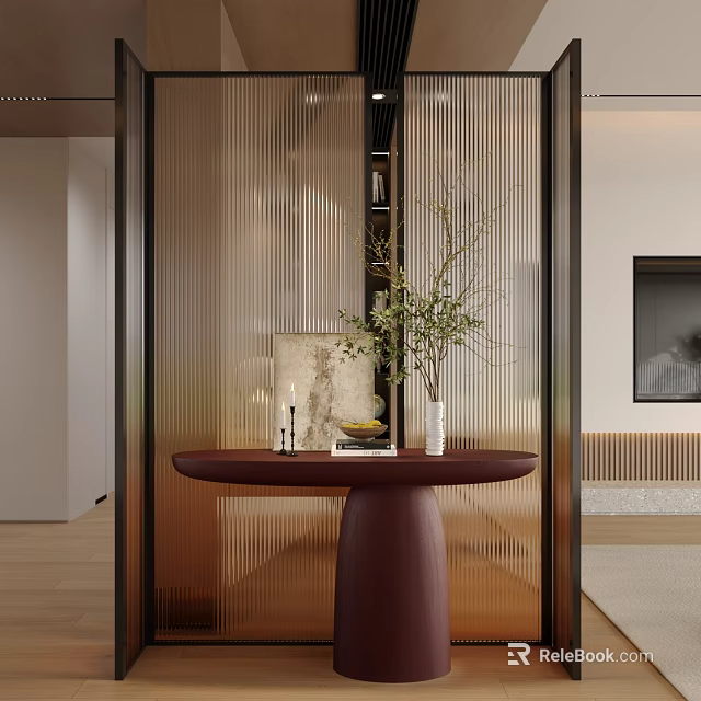 Modern Foyer Hallway With Dark Console Table And Decorations 3d model