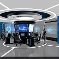 Modern Technical Control Room With Large Screens Workstations Staff And Blue Lighting 3d model