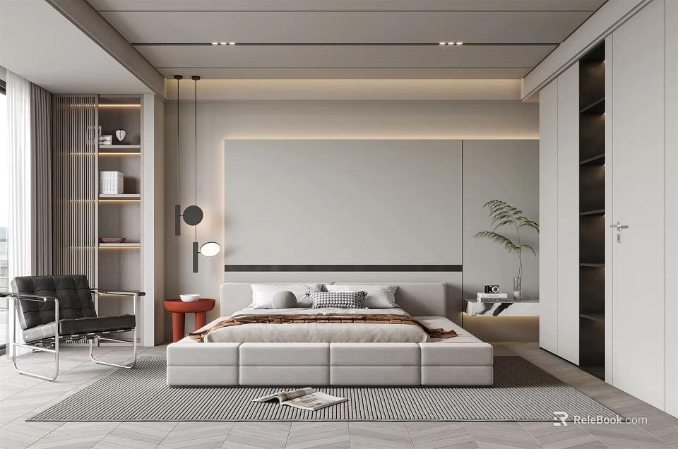 Modern Bedroom Interior With Platform Bed Side Table Chair Bookshelf And Plant 3d model