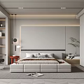 Modern Bedroom Interior With Platform Bed Side Table Chair Bookshelf And Plant 3d model