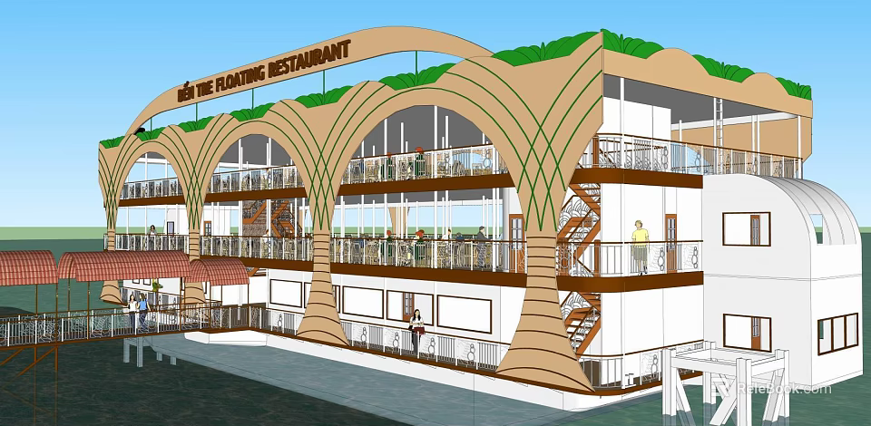 Konark Restaurant Modern Architecture With Green Roof Balconies And Glass Windows 3d model 