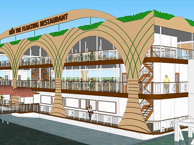 Konark Restaurant Modern Architecture With Green Roof Balconies And Glass Windows 3d model