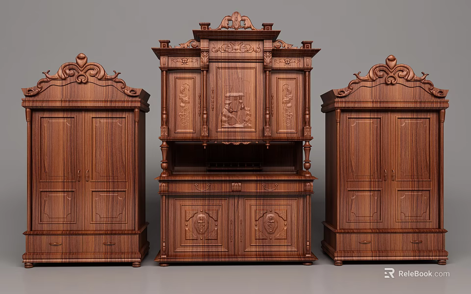 Three Vintage Wooden Wardrobes With Intricate Carved Details And Classic Design 3d model 