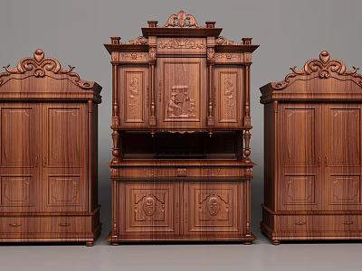 Three Vintage Wooden Wardrobes With Intricate Carved Details And Classic Design 3d model