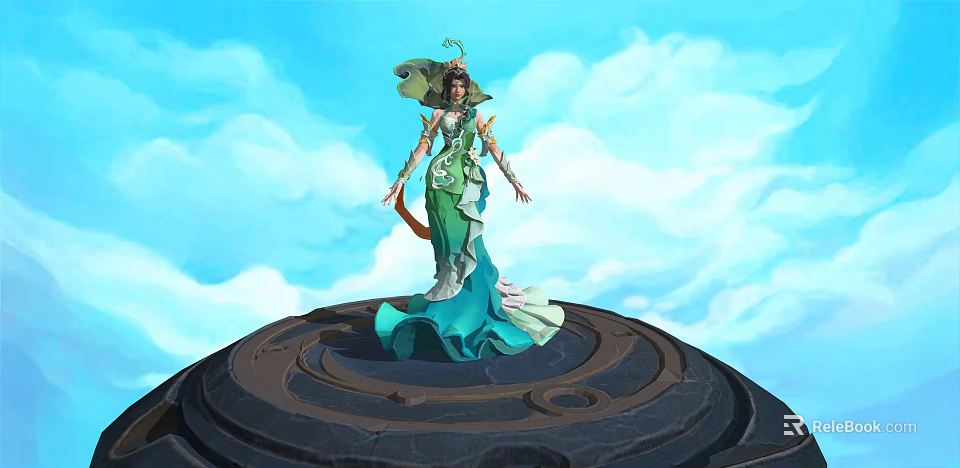 Game Movie Character in Green Blue Outfit Standing on Circular Platform with Blue Sky 3d model 