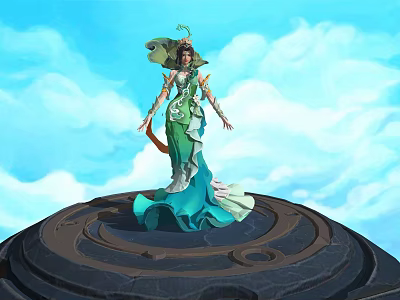 Game Movie Character in Green Blue Outfit Standing on Circular Platform with Blue Sky 3d model