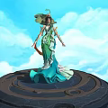 Game Movie Character in Green Blue Outfit Standing on Circular Platform with Blue Sky