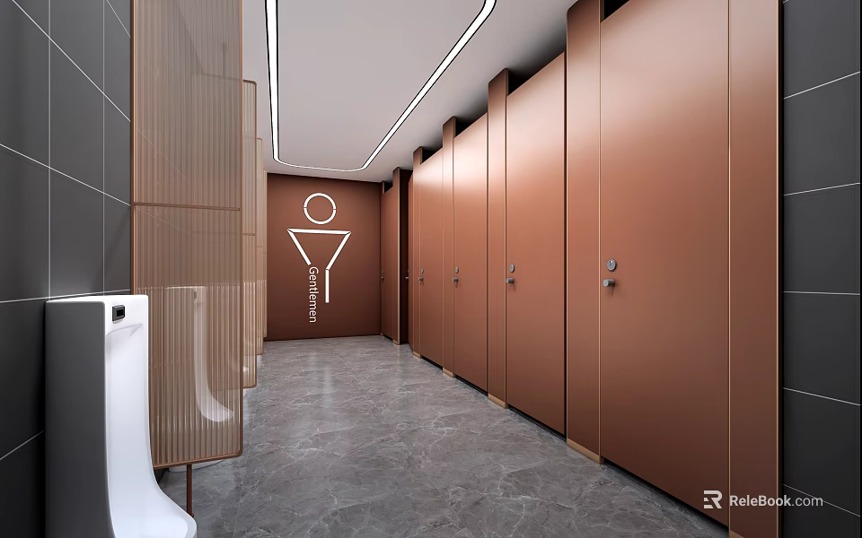 Modern Public Restroom Interior With Brown Stall Doors Gray Marble Floor And Gender Signs 3d model 