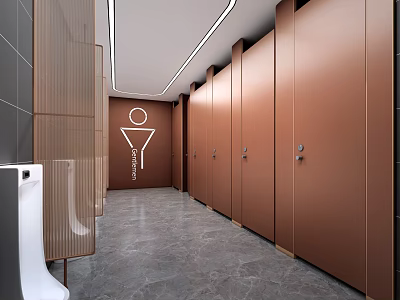 Modern Public Restroom Interior With Brown Stall Doors Gray Marble Floor And Gender Signs 3d model