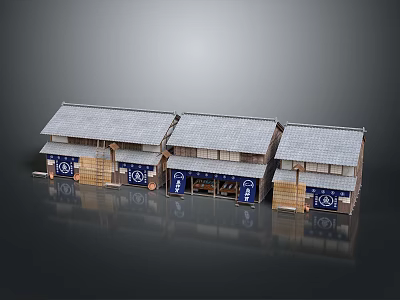Traditional Japanese Building Models Featuring Gray Roofs Blue Facades White Symbols in Connected Row 3d model
