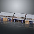 Traditional Japanese Building Models Featuring Gray Roofs Blue Facades White Symbols in Connected Row