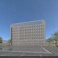 Modern School Building with White Exterior Glass Windows Front Pool Surrounding Trees and People Walking