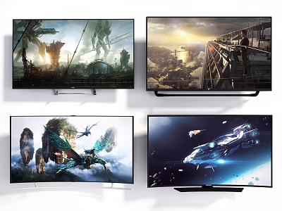 Curved And Flat Screen Smart TVs Display Vivid 4K Fantasy Sci Fi Movie Scenes 3d model