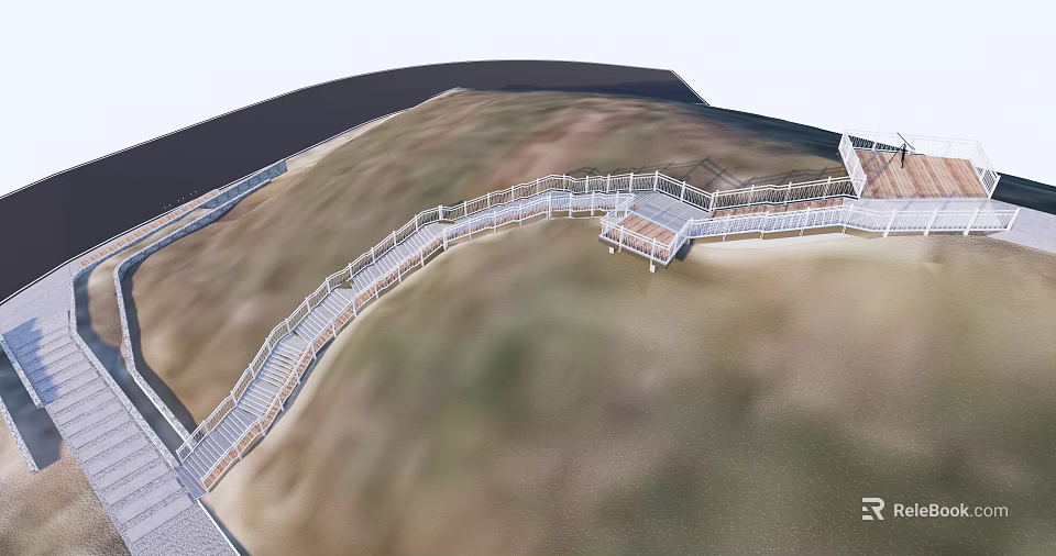 Scenic Winding Pedestrian Walkway With Safety Railings And Wooden Decking On Sloped Terrain 3d model 