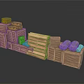 Daily Necessities Storage With Stacked Various Sizes Wooden Crates And Green Sacks