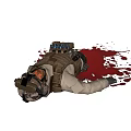 Game Movie Character Lying on Ground With Abdominal Wound Blood Splatters Tactical Vest Hat Gloves