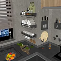 Modern Kitchen Storage Rack With Spice Bottles Plates And Knives On Countertop