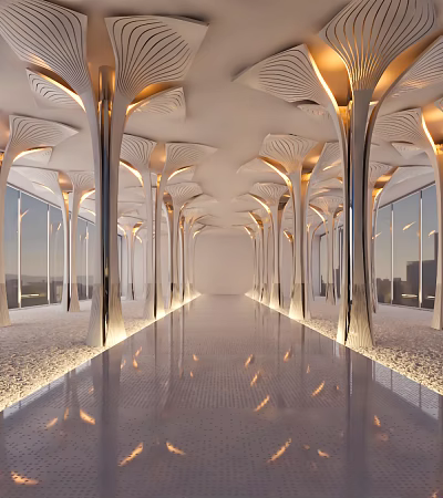 Modern Leaf Shaped Columns In Spacious Hallway With Illuminated Ceiling And Reflective Floor 3d model