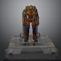 Orange Armored Robot Character Standing On Metal Platform With Mechanical Structure