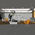 Casual Lounge Area With Modern Gray Sofa Yellow Chairs Large Windows City View Green Plants