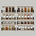 Neatly Arranged Spice Jars With Various Colored Spices On Black Shelves