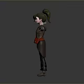 Child Character with Green Bun Hairstyle White Face Brown Coat Red Belt and Mechanical Arm