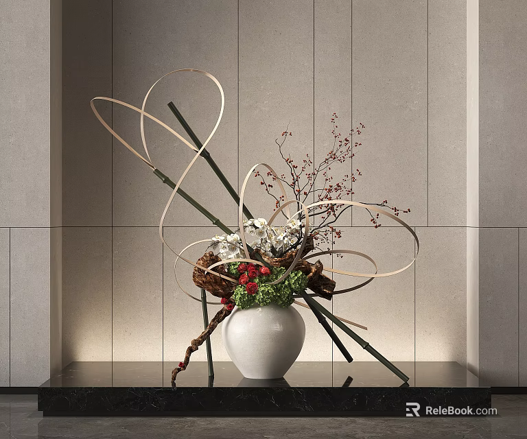 White Vase With Flowers Decorative Twigs Red Blooms On Black Countertop Gray Wall Background 3d model 