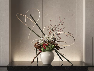 White Vase With Flowers Decorative Twigs Red Blooms On Black Countertop Gray Wall Background 3d model