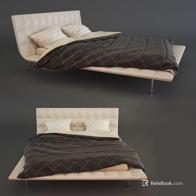 Modern Double Bed With Beige Frame Dark Plaid Comforter And White Pillows 3d model