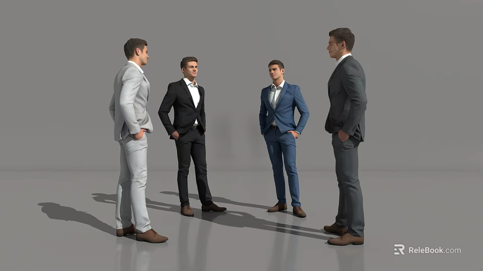 Group of Men in Formal Suits Standing Together in Neutral Background 3d model 