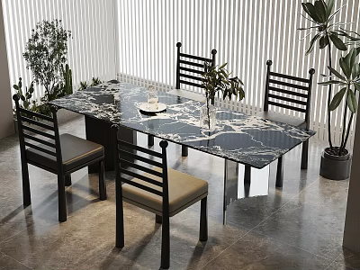 Modern Dining Table Set With Marble Top Black Frame Beige Cushion Chairs And Green Plants 3d model