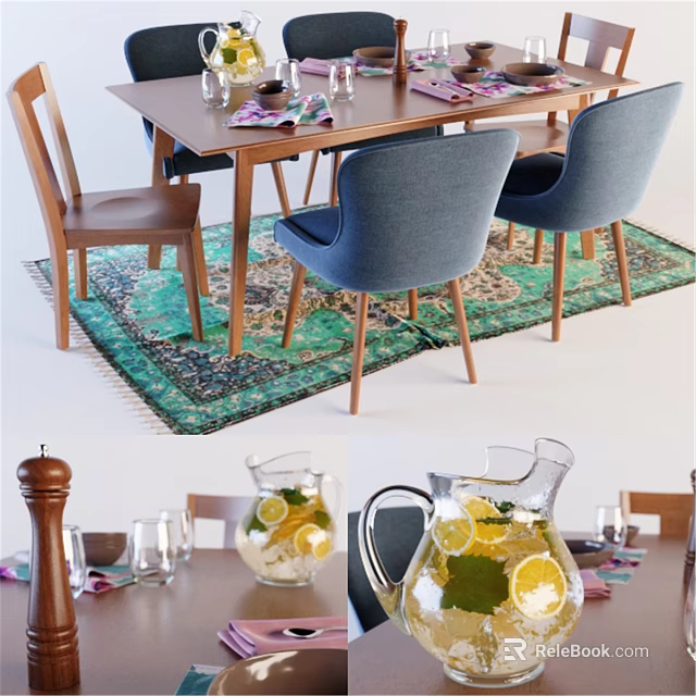 Wooden Dining Table and Blue Chairs With Colorful Rug Lemon Water Pitcher Glassware and Napkins 3d model 