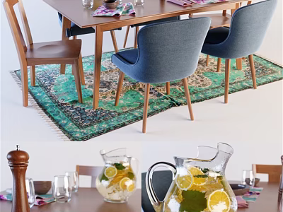 Wooden Dining Table and Blue Chairs With Colorful Rug Lemon Water Pitcher Glassware and Napkins 3d model