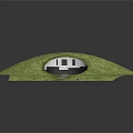 Cartoon Scene of Round Building on Grass Hill with Black Doors Windows and Stone Path