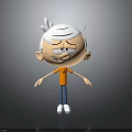 Frowning Cartoon Character With White Hair Orange Shirt Blue Pants White Shoes On Gray Background