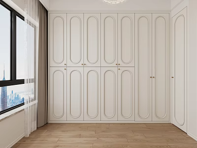 White Modern Minimalist Wardrobe With Multiple Doors In Room With Wooden Floor 3d model