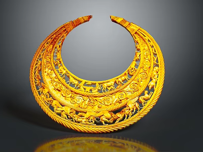Exquisite Gold Crescent Shaped Jewelry With Intricate Carvings And Ornate Patterns 3d model
