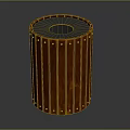 Wooden Cylindrical Trash Can With Vertical Slats And Metal Rivets Black Top