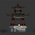 Cartoon Style Chinese Traditional Pavilion On Water Surface With Lotus Flowers And Stone Steps