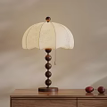 Chinese Traditional Table Lamp With Wooden Base Beige Patterned Shade And Red Fruits