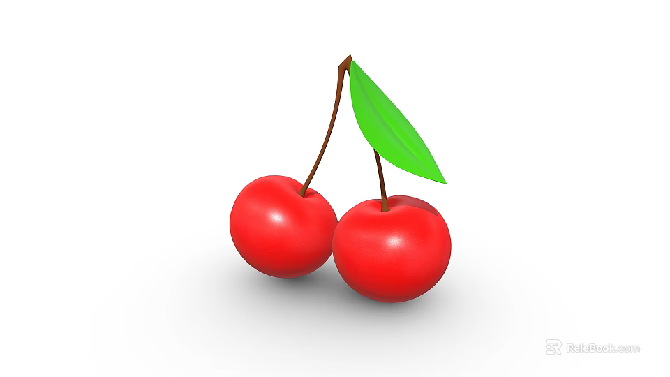 Two Ripe Fresh Juicy Cherries With Green Leaf On White Background 3d model 