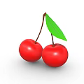 Two Ripe Fresh Juicy Cherries With Green Leaf On White Background