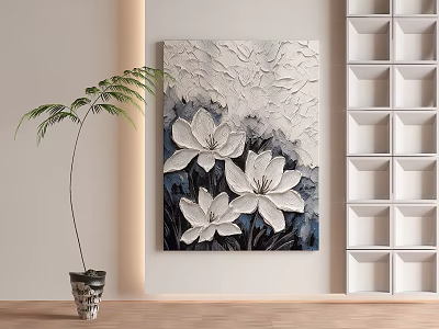 Abstract Painting With White Lotus Flowers Textured Relief Dark Blue Background Modern Room Wall Decor 3d model