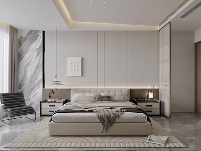 Modern Minimalist Bedroom Interior Design With Beige Bed Wall Art Accent Chair And Area Rug 3d model