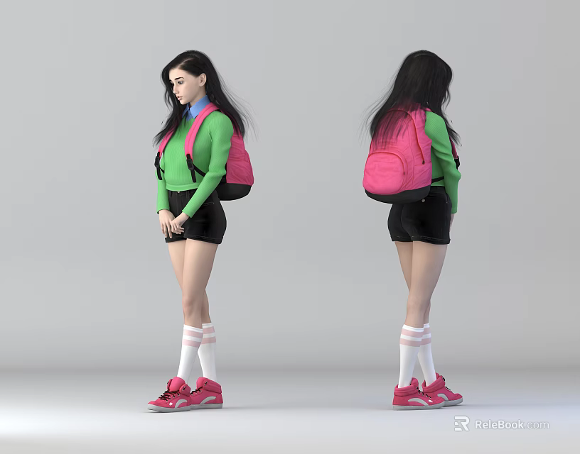 Woman Wearing Green Top Black Shorts White Striped Socks Red Sneakers Pink Backpack Front Back 3d model 