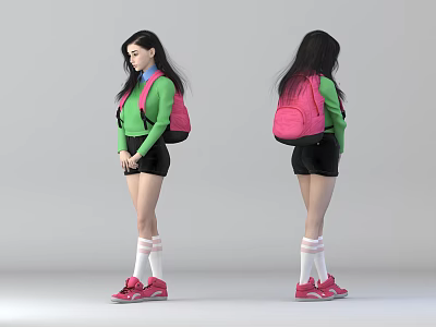 Woman Wearing Green Top Black Shorts White Striped Socks Red Sneakers Pink Backpack Front Back 3d model